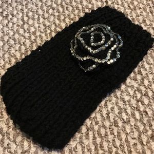 Black Flower Hat Rhinestone Headband Knit Button